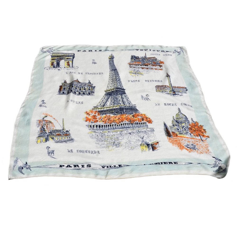 Vintage 1940s–50s Paris Souvenir Silk Scarf Eiffel Tower "Paris Toujours"